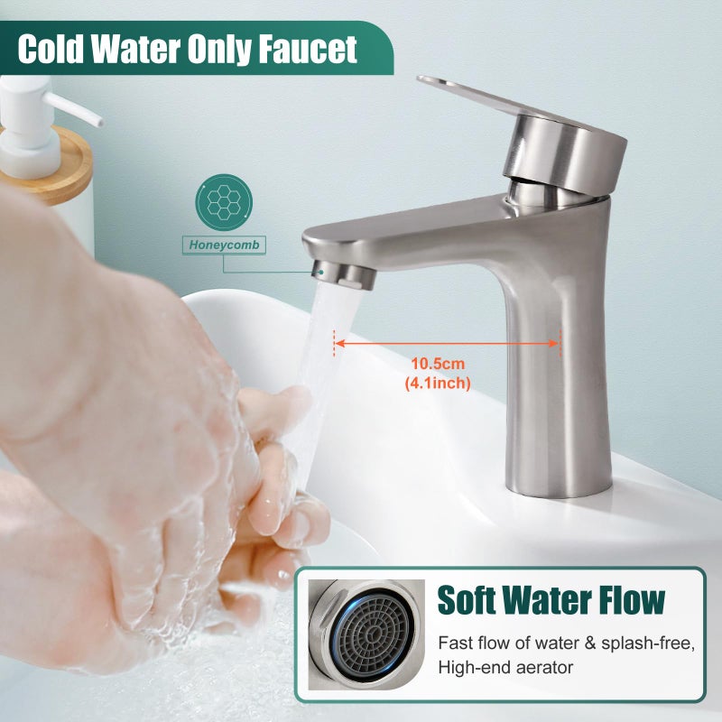 Heyalan Bathroom Faucet Single Handle 1 Hole SUS304 Stainless Steel Deck Mount Lavatory Single Switch Basin Sink Faucet Without Pop Up Drain and Cold Water Only Brushed Nickle - Image 2